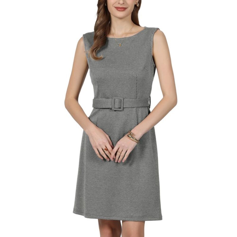Women Plaid Houndstooth Boat Neck Belted Sleeveless A-Line Dress Black